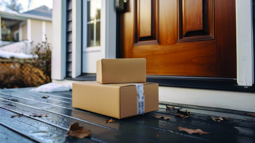 Packages Delivered at Front Door. Cardboard Boxes on Residential