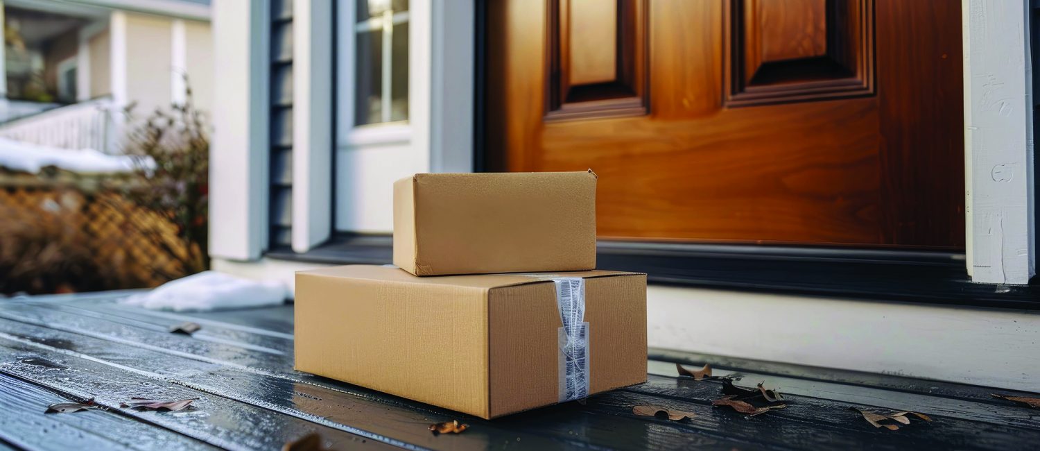 Packages Delivered at Front Door. Cardboard Boxes on Residential