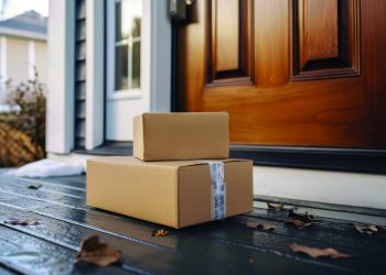 Packages Delivered at Front Door. Cardboard Boxes on Residential