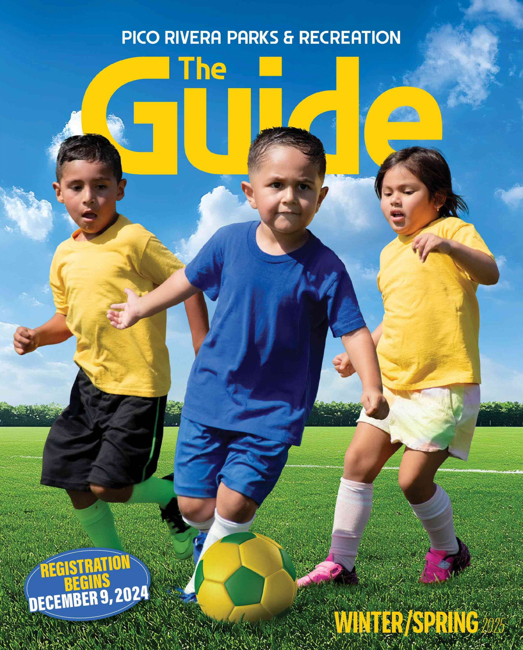 Kids playing soccer on the front of the cover of The Winter/Spring Guide