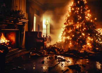 Dramatic image with burning Christmas tree in living room with flames. House with burning decorations disaster. Importance of fire safety during the holiday season when using candles in dry fir.