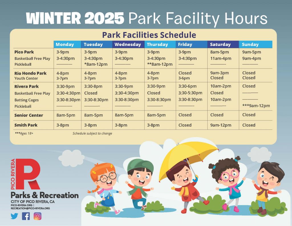 Winter 2025 Park Facility Hours Schedule