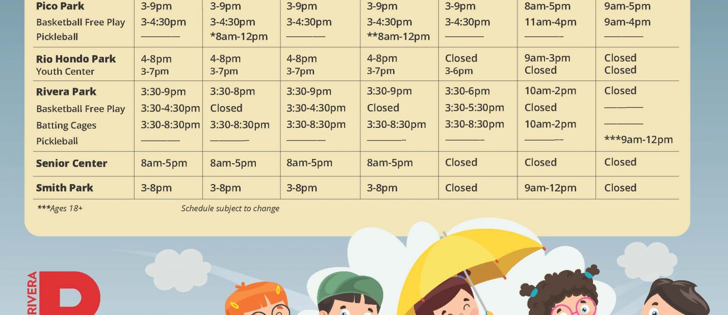 Winter 2025 Park Facility Hours Schedule