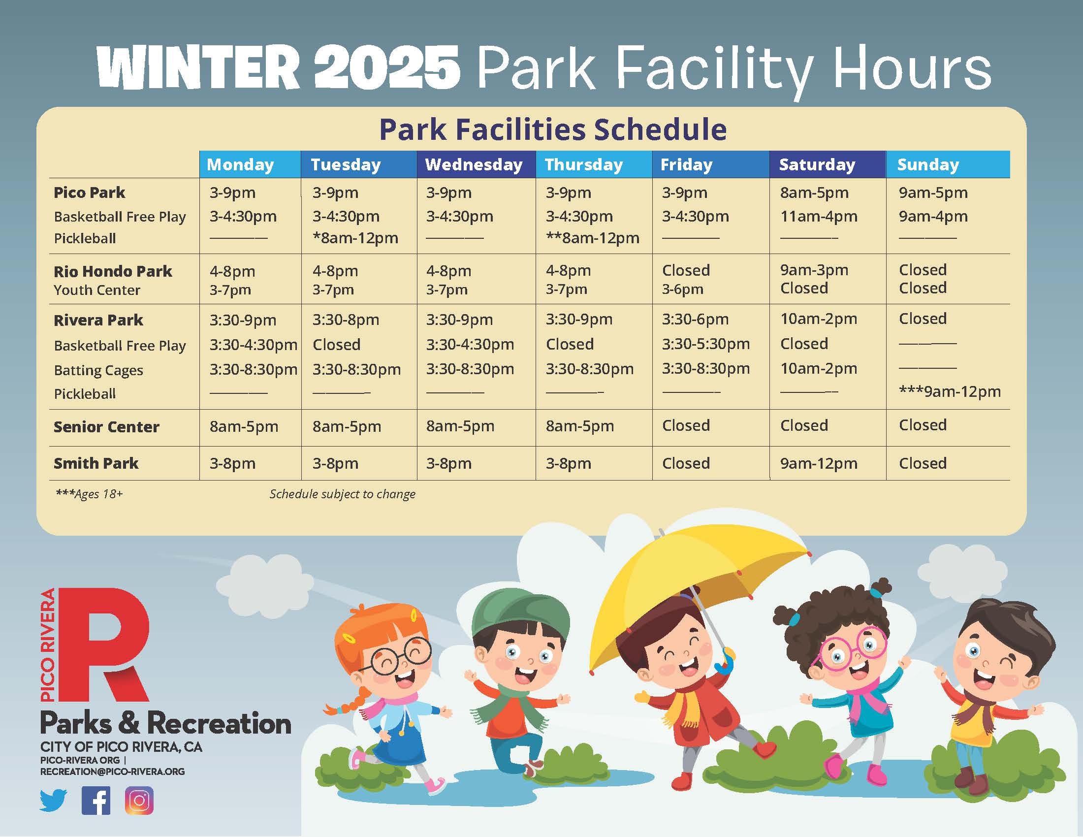 Winter 2025 Facility Hours